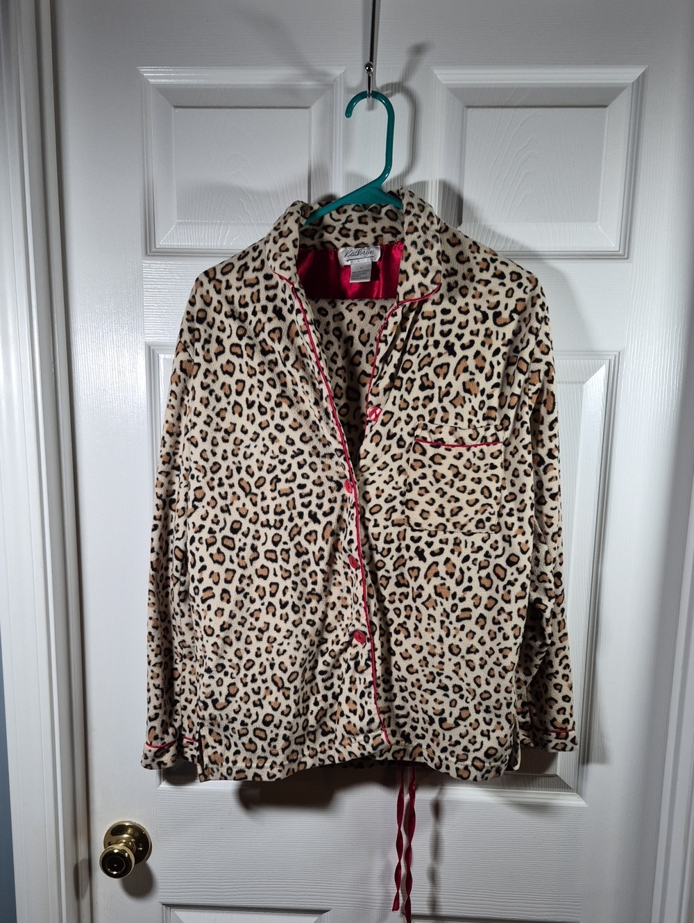 Leopard Print Satin-Trim Pajamas -Top And Bottoms - Red Accents